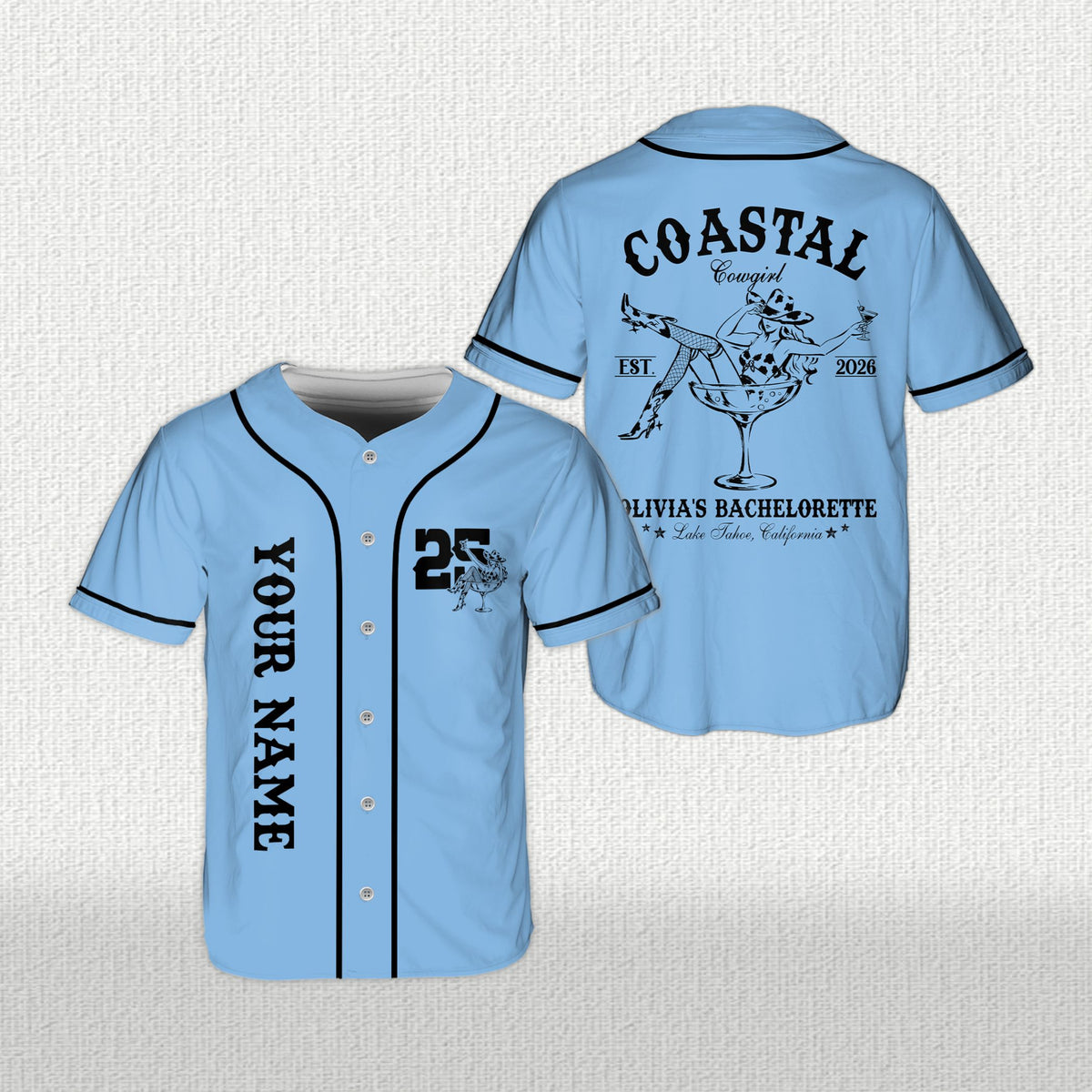 Personalized blue coastal cowgirl bachelorette baseball jersey, front view