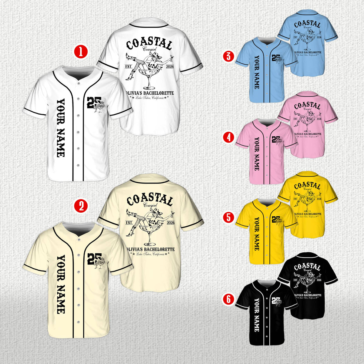Multicolor view of personalized coastal cowgirl bachelorette baseball jerseys