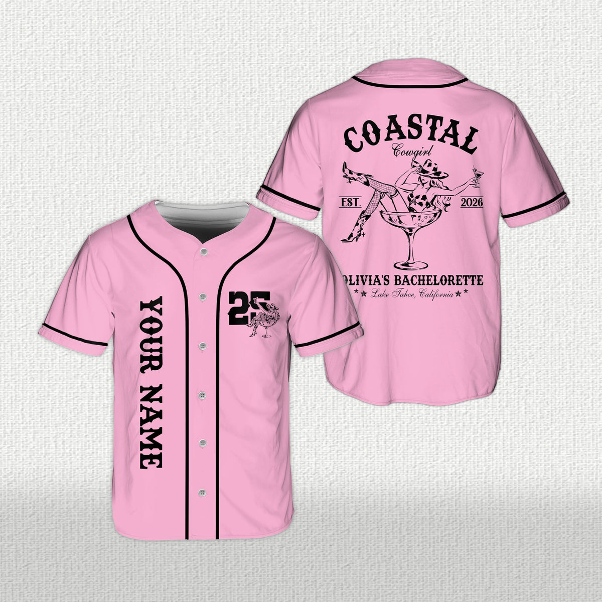Personalized pink coastal cowgirl bachelorette baseball jersey, front view