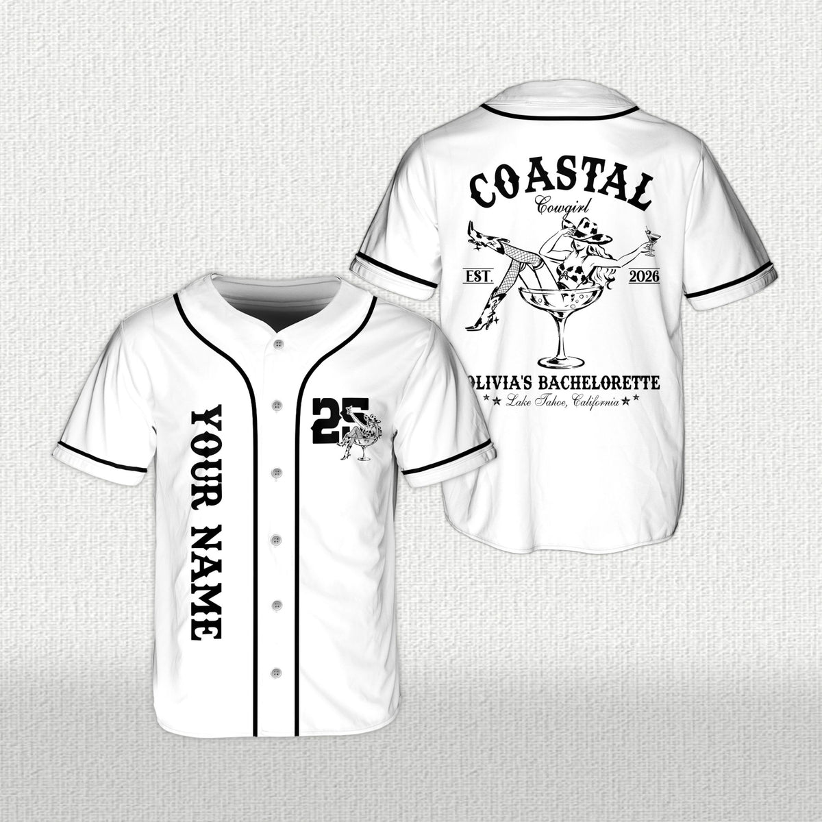 Personalized white coastal cowgirl bachelorette baseball jersey with custom name and number, main view