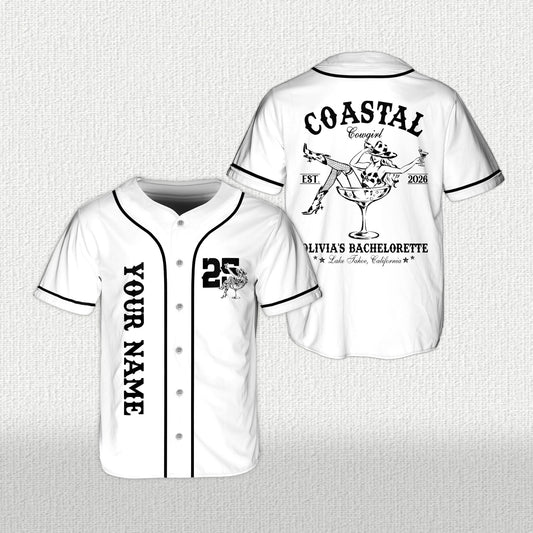 Personalized white coastal cowgirl bachelorette baseball jersey with custom name and number, main view
