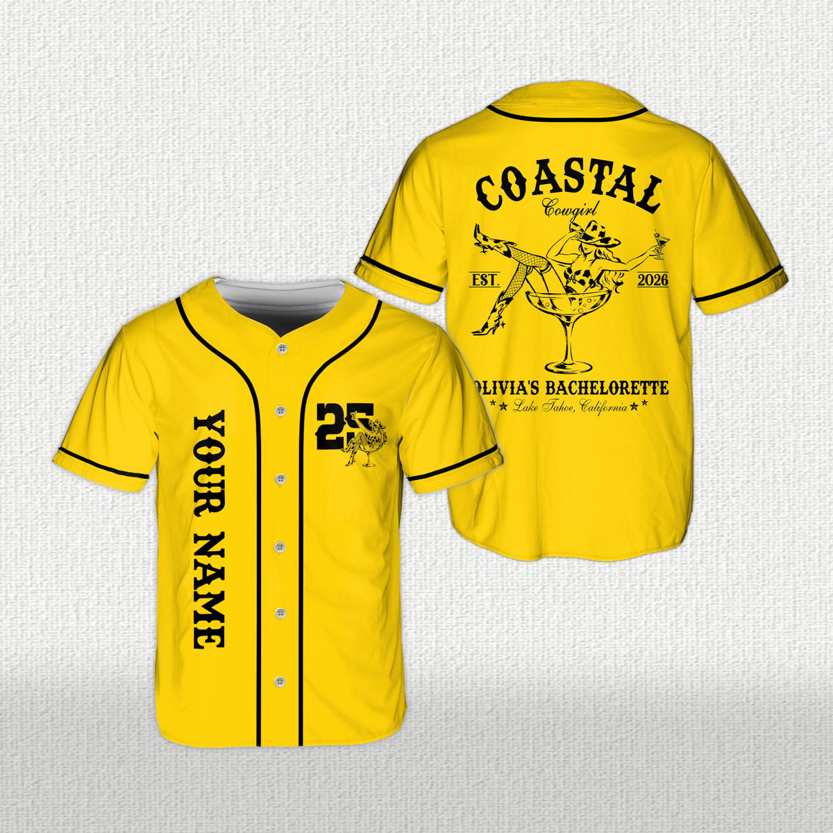 Personalized yellow coastal cowgirl bachelorette baseball jersey, front view