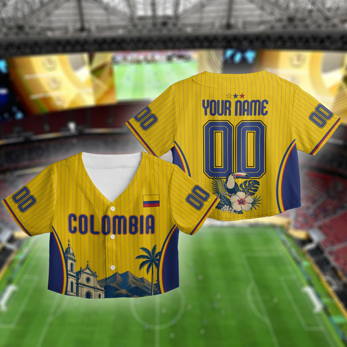 Personalized yellow Colombia baseball jersey with custom name and number, front view