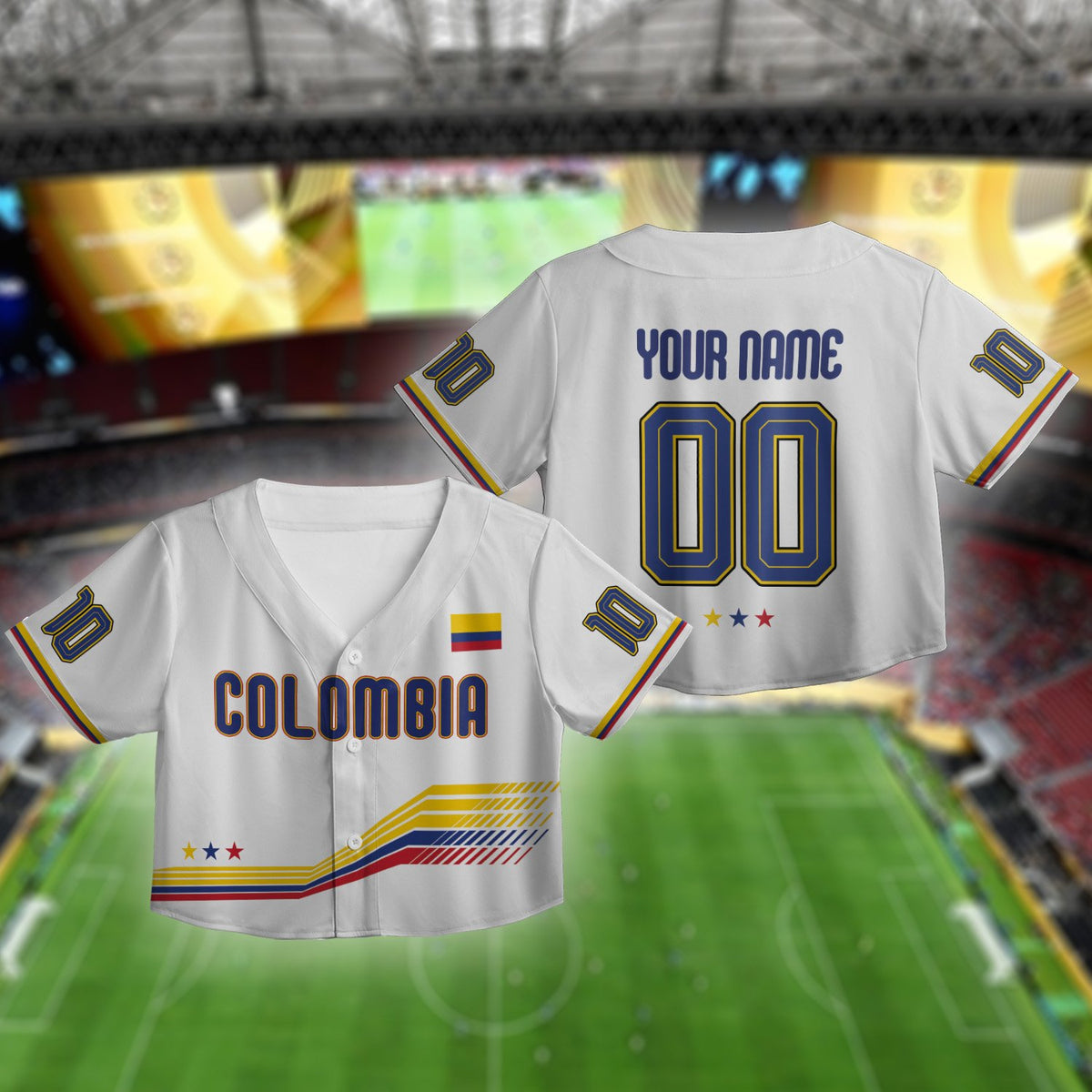 Lifestyle image of someone wearing the yellow Colombia baseball jersey