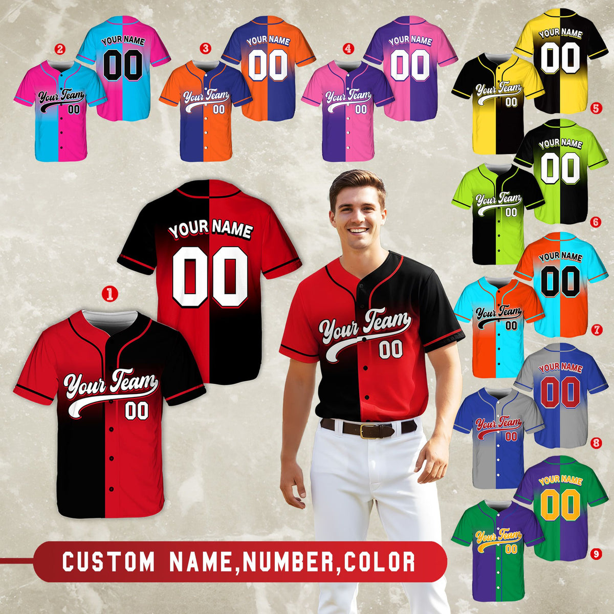 Third lifestyle shot of the personalized baseball jersey in an outdoor setting