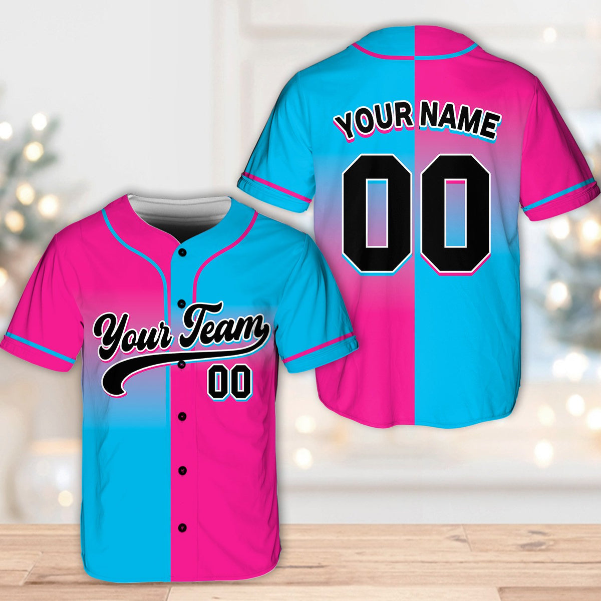 Second front view of the pink and black custom name baseball jersey