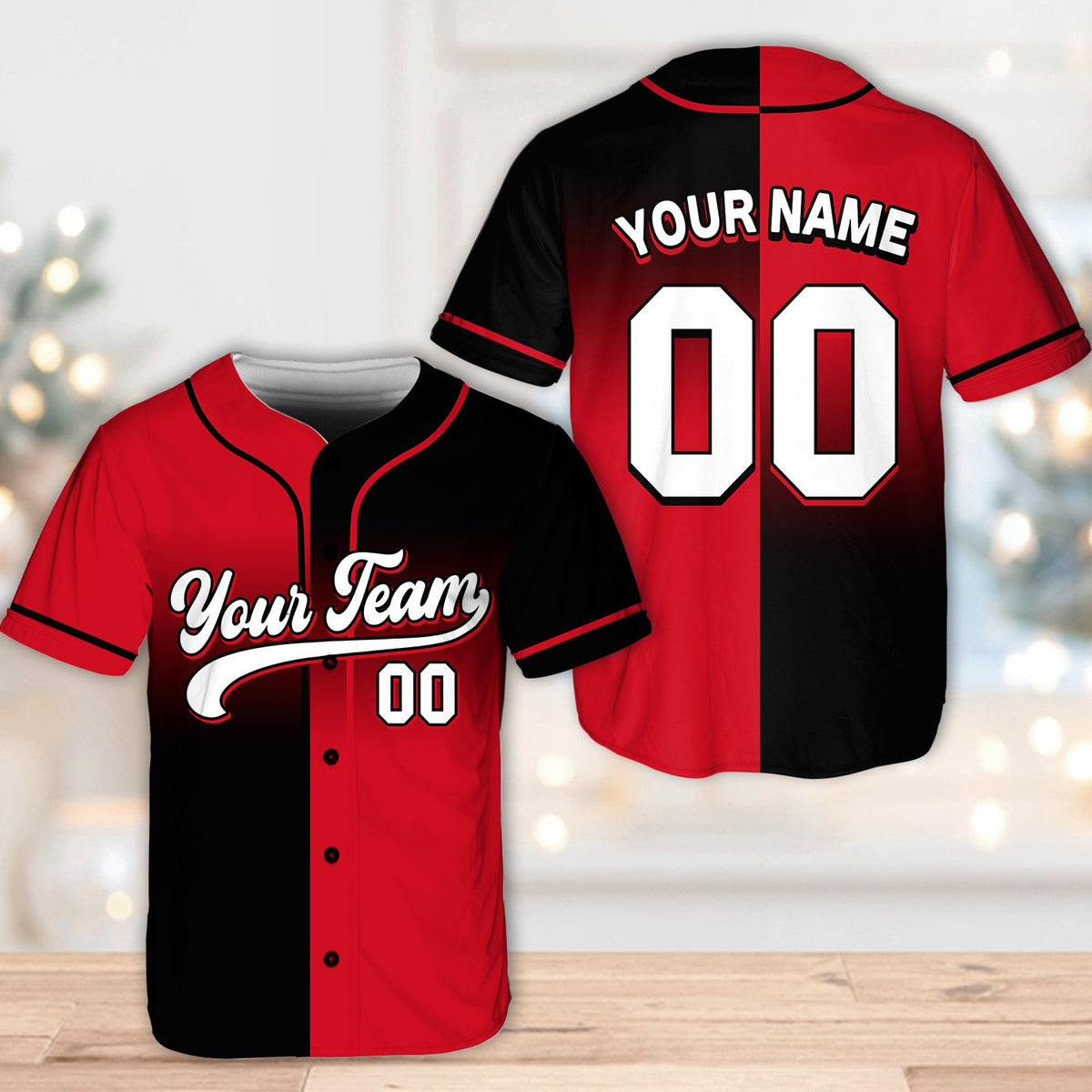 Second front view of the red and black personalized baseball jersey