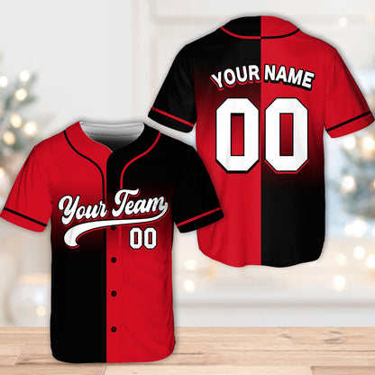 Second front view of the red and black personalized baseball jersey
