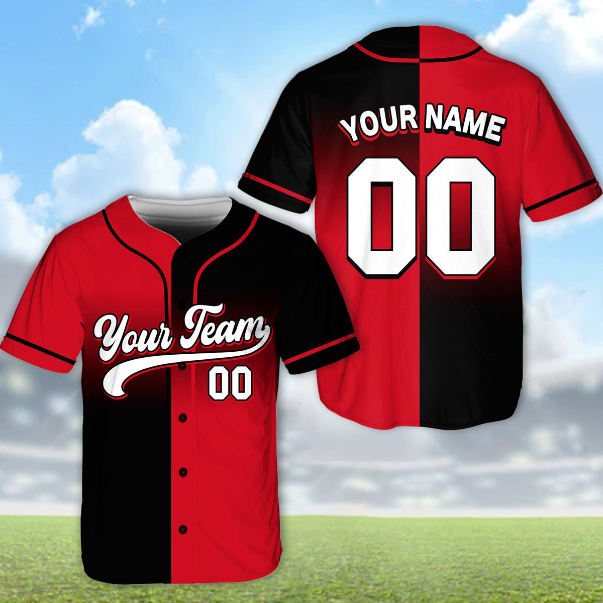 Third front view of the red and black custom baseball jersey