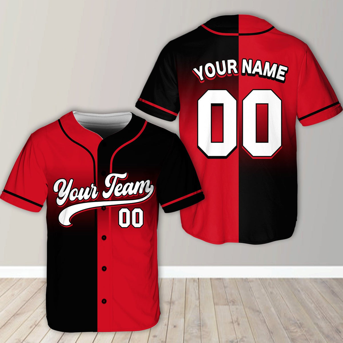 Front view of the personalized red and black color block baseball jersey
