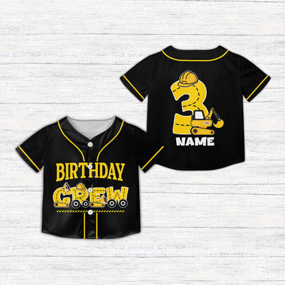 Black personalized baseball jersey with heavy machinery lettering, front view