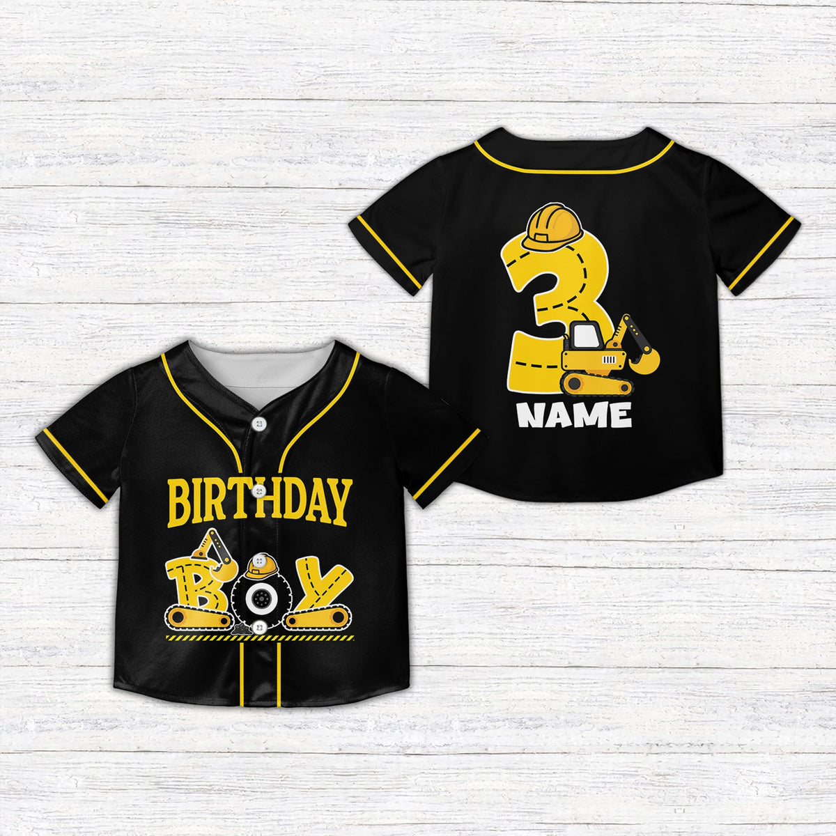 Black construction birthday baseball jersey with excavator and hard hat design, front view