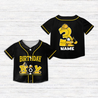 Black construction birthday baseball jersey with excavator and hard hat design, front view