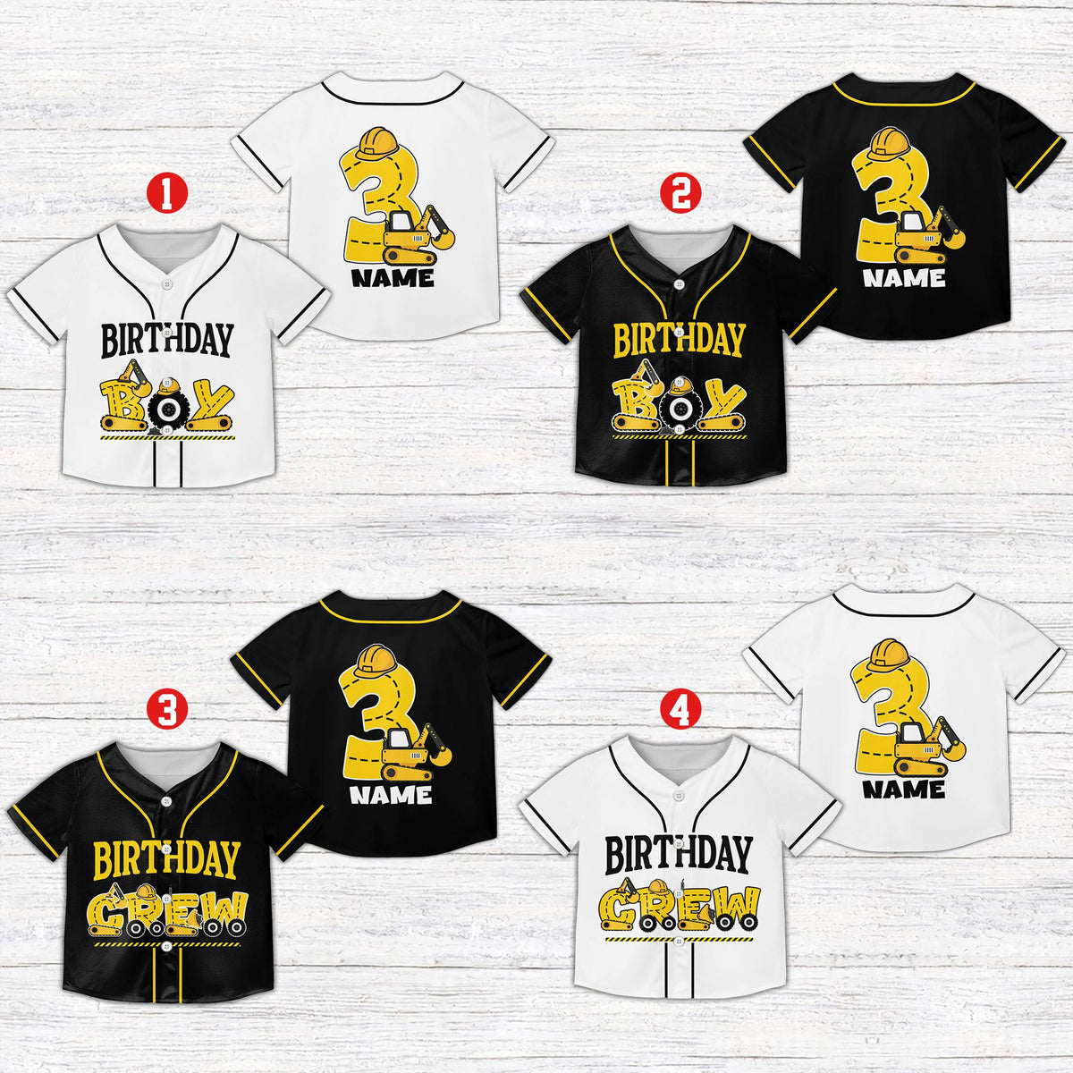 Multicolor construction birthday baseball jersey, front view