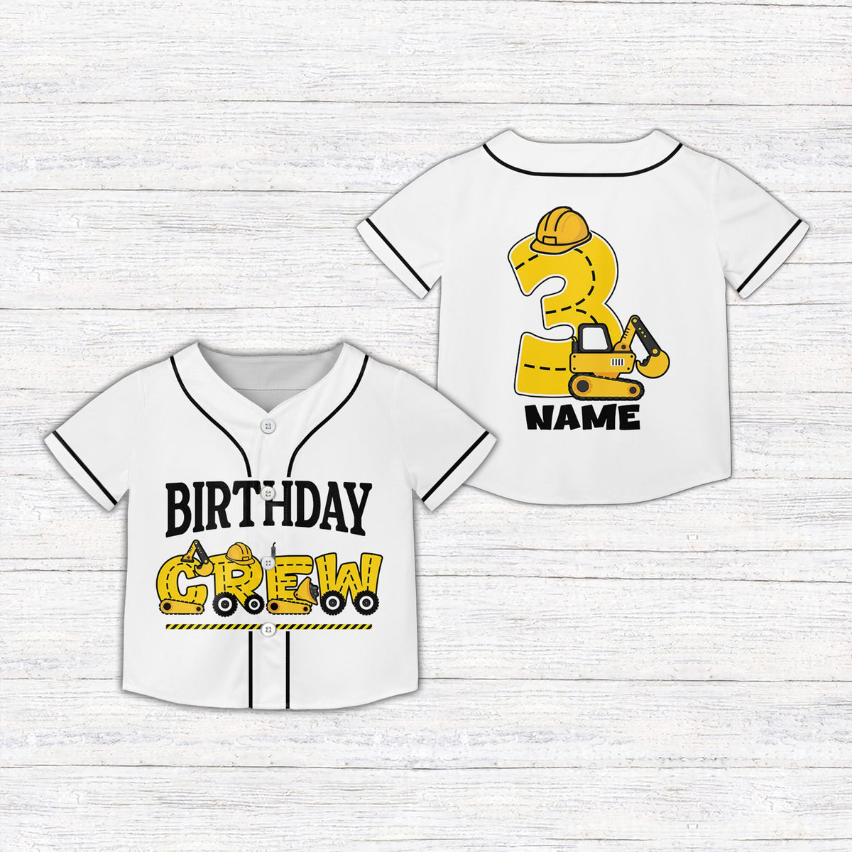 White construction birthday baseball jersey, front view