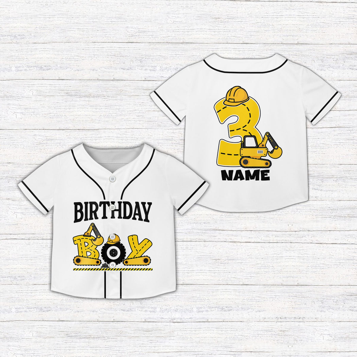 White custom baseball jersey with custom name and number graphics, front view