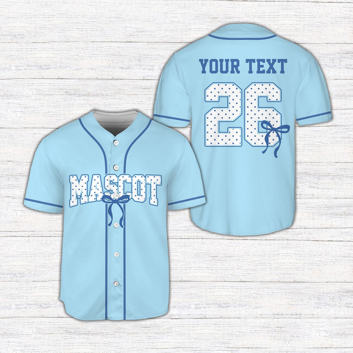 Front view of the personalized coquette bow baseball jersey in blue