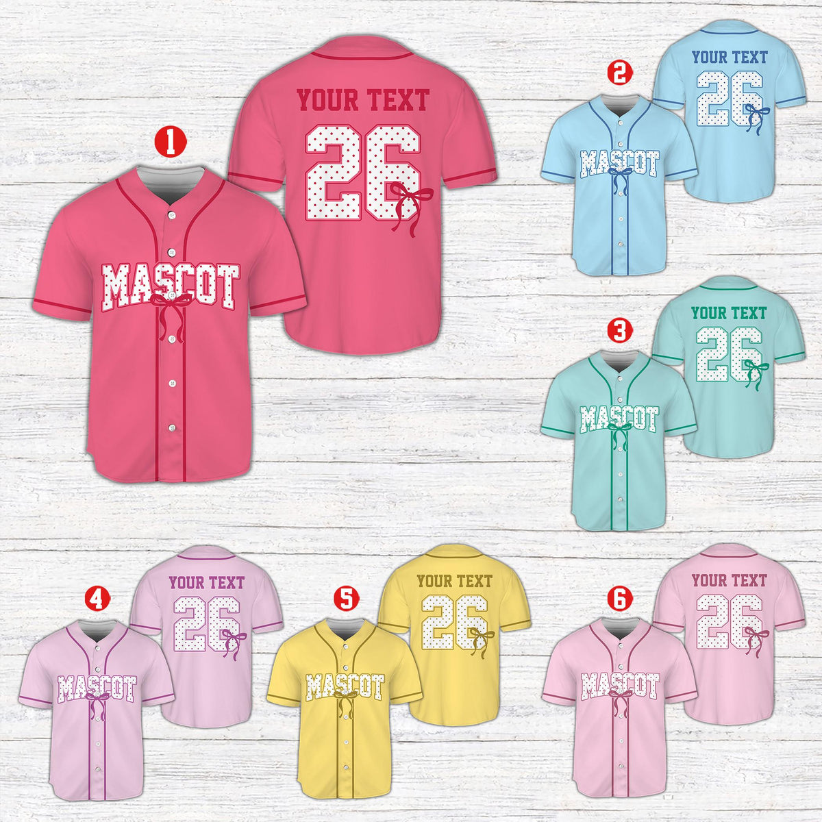 Front view of the personalized coquette bow baseball jersey in multicolor with custom text