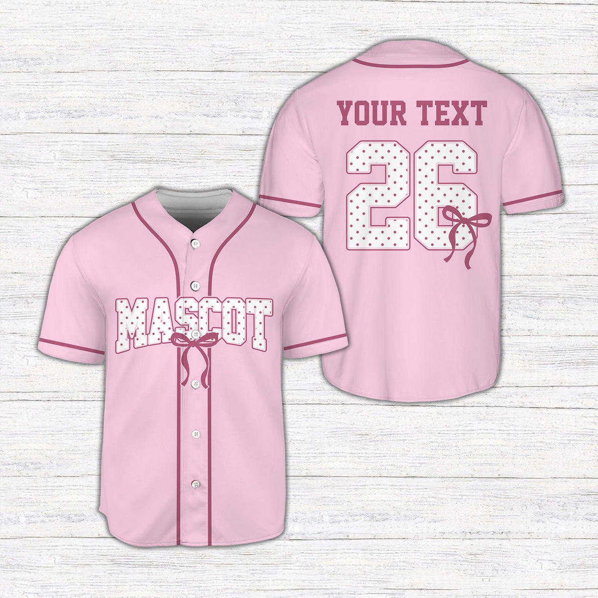 Front view of the personalized coquette bow baseball jersey in pink featuring custom name and number