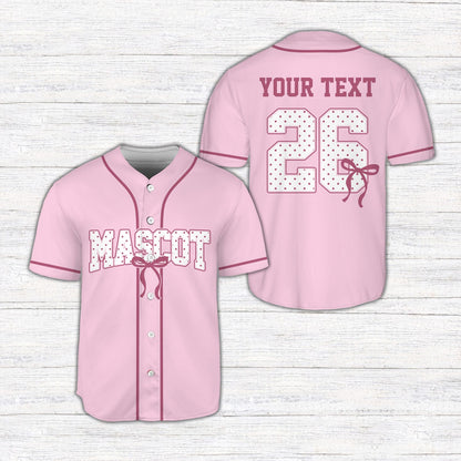 Front view of the personalized coquette bow baseball jersey in pink featuring custom name and number