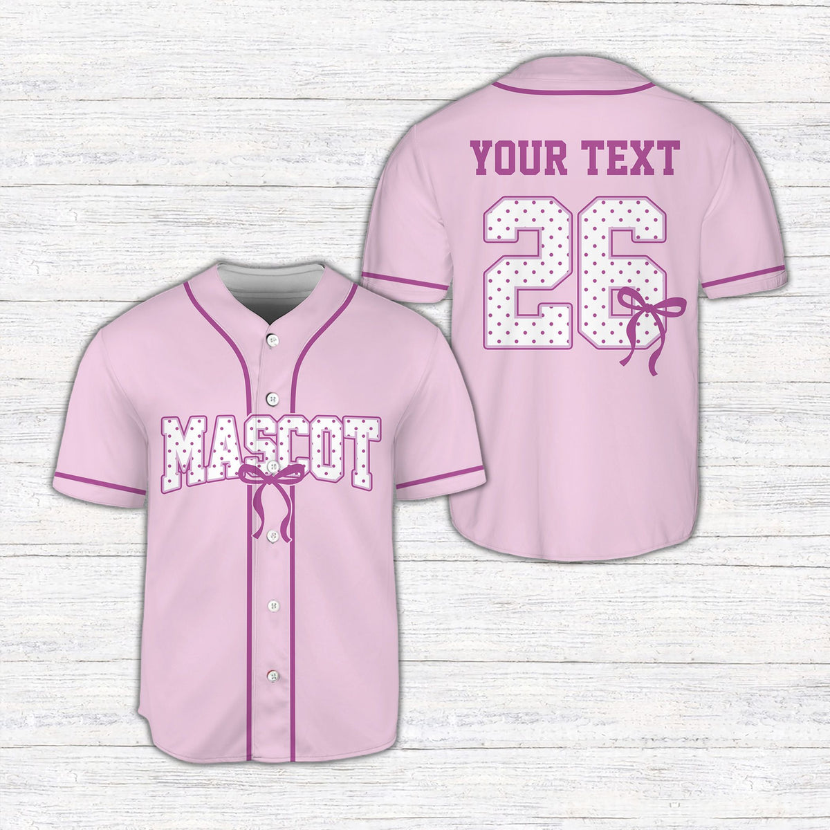 Alternative front view of the pink coquette bow baseball jersey