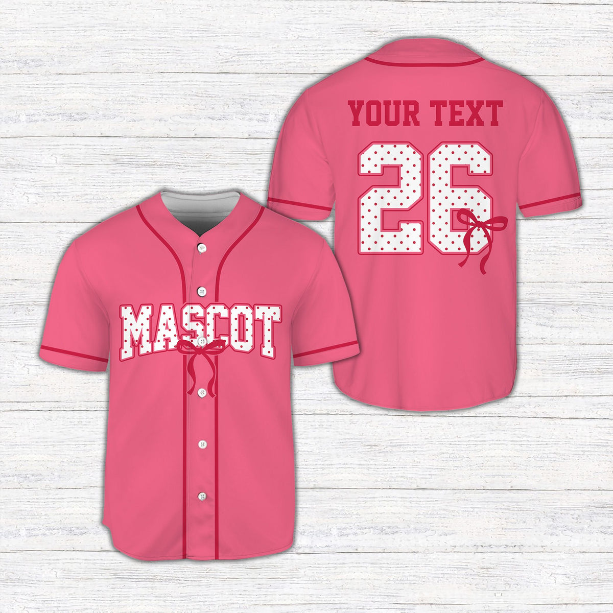Detailed front view of the pink personalized coquette bow baseball jersey