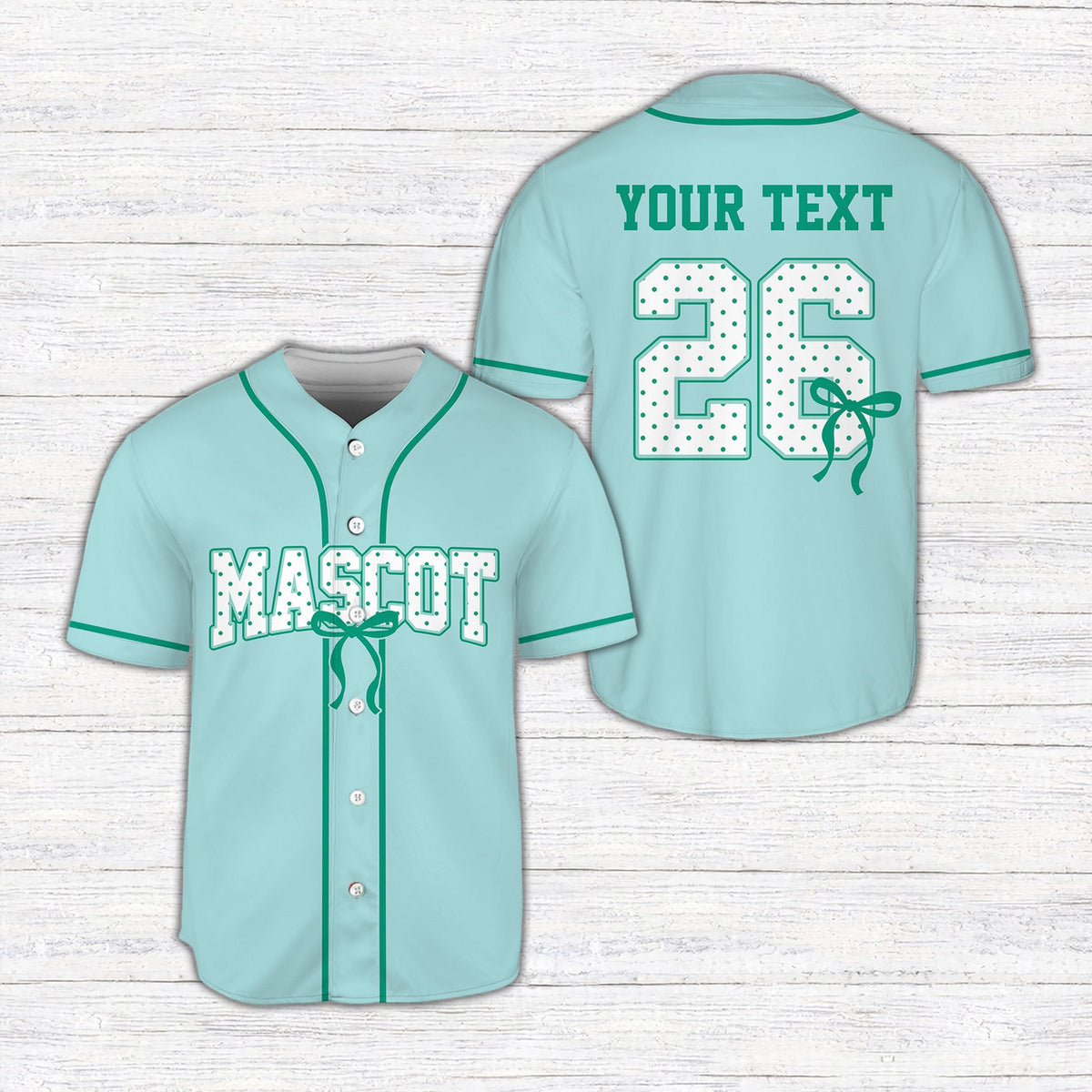 Front view of the personalized coquette bow baseball jersey in teal