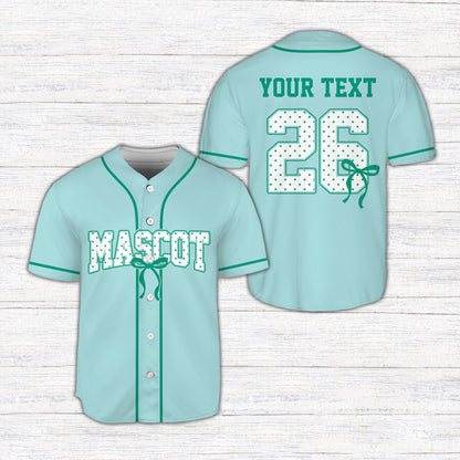 Front view of the personalized coquette bow baseball jersey in teal