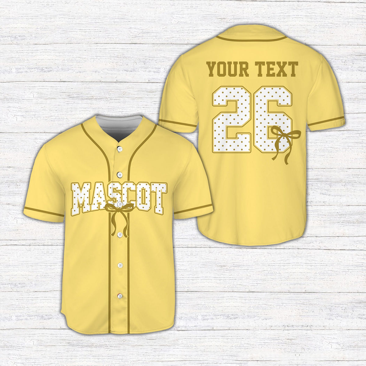 Front view of the personalized coquette bow baseball jersey in yellow