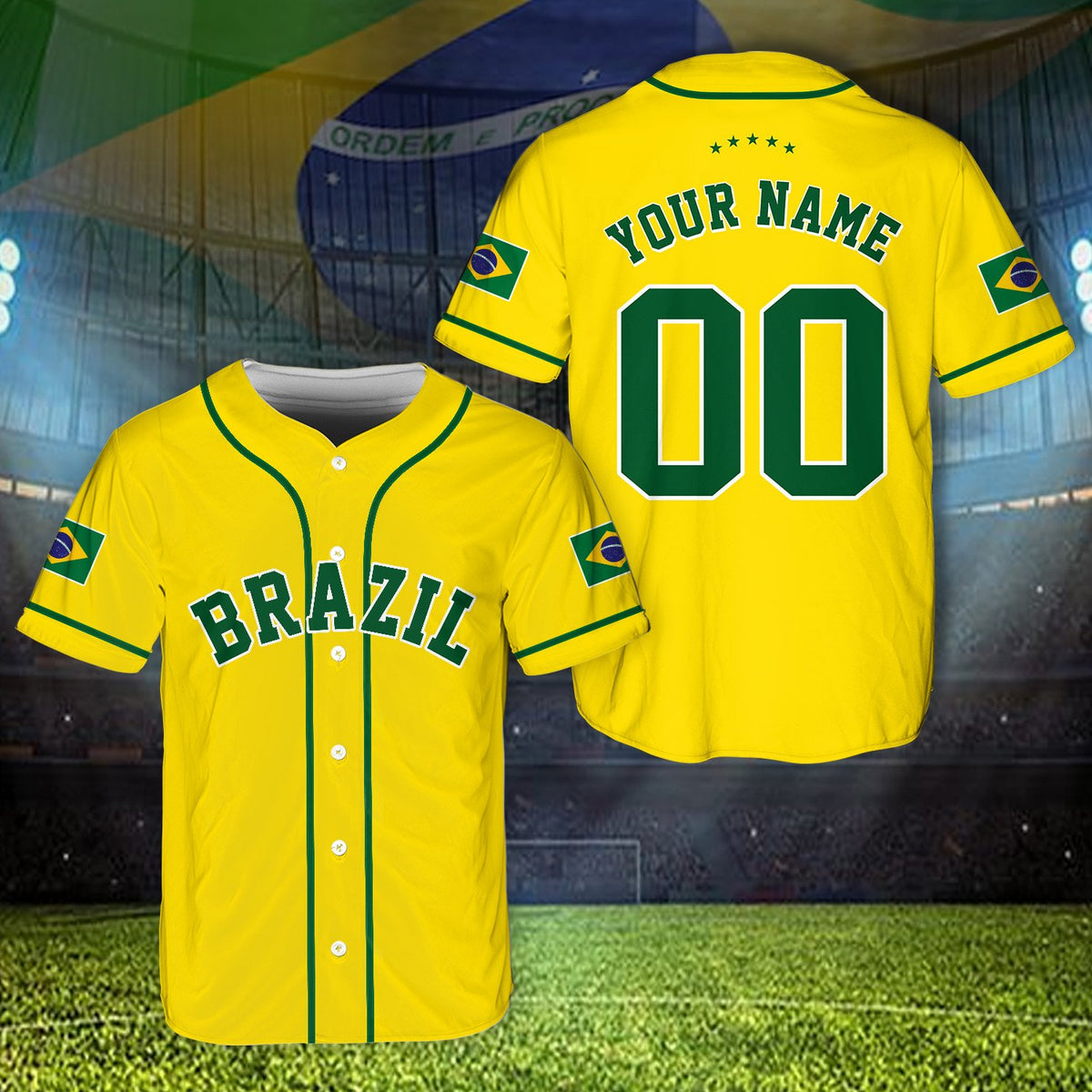 Yellow country baseball jersey, close up front view