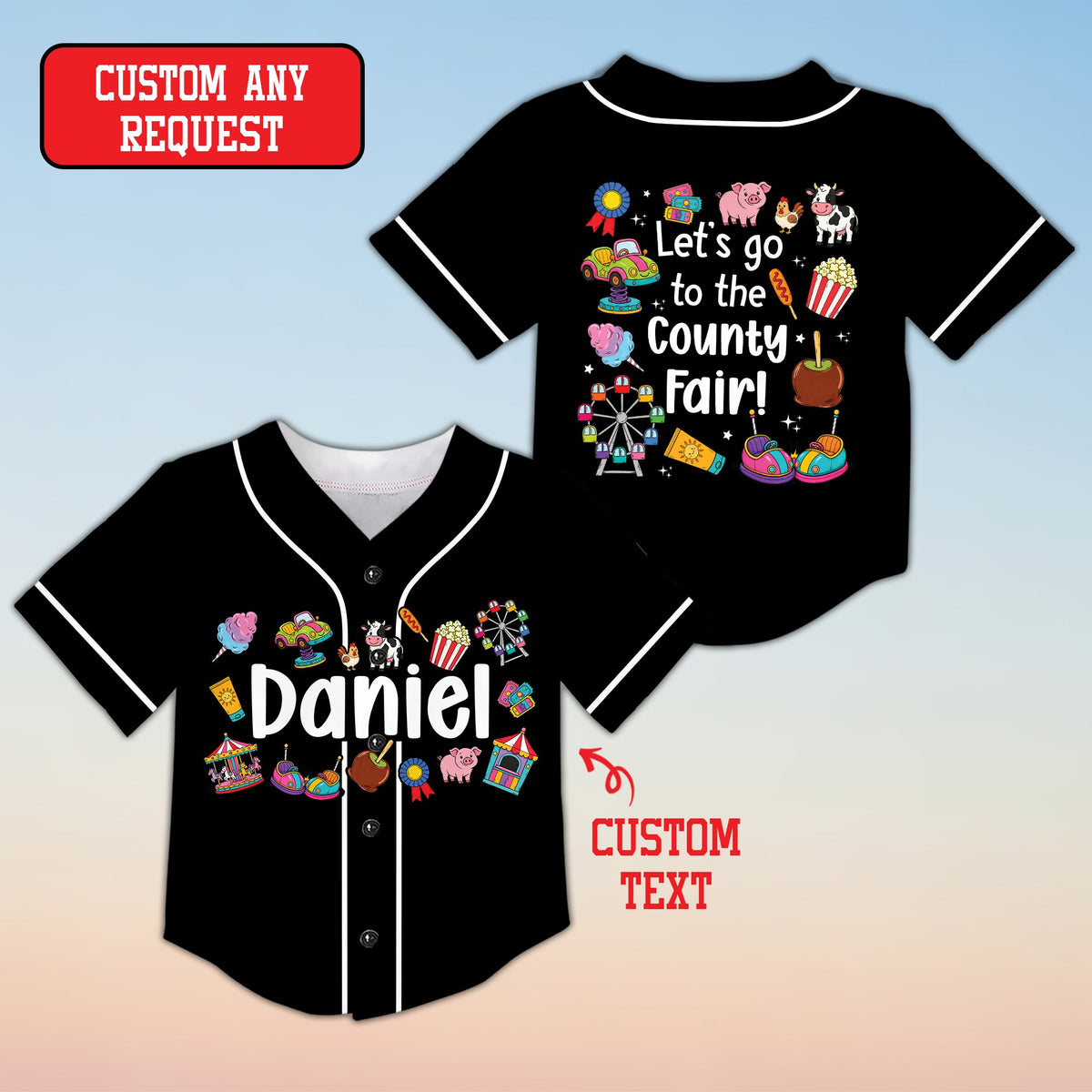 Front view of black personalized baseball jersey with county fair theme