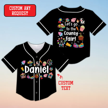 Front view of black personalized baseball jersey with county fair theme