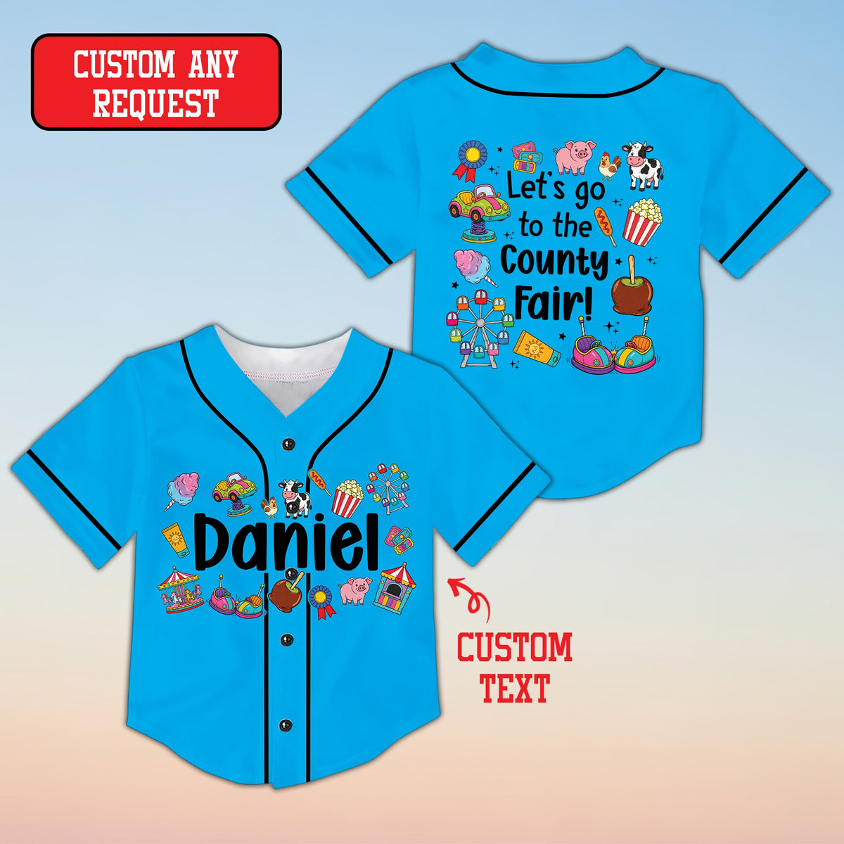 Front view of light blue personalized baseball jersey with county fair design