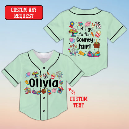Front view of green personalized baseball jersey with fair theme