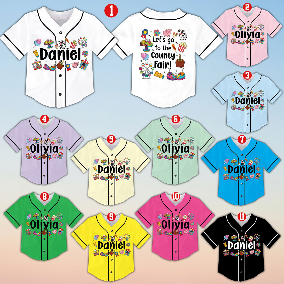 Front view of multicolor personalized baseball jersey with county fair design