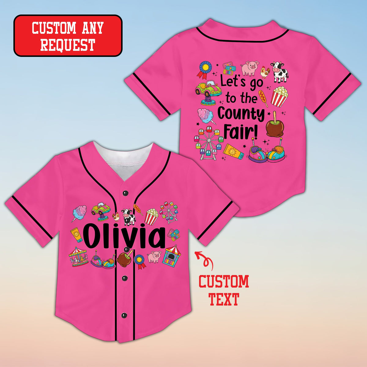Front view of pink personalized baseball jersey with custom name and fair graphics
