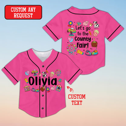 Front view of pink personalized baseball jersey with custom name and fair graphics