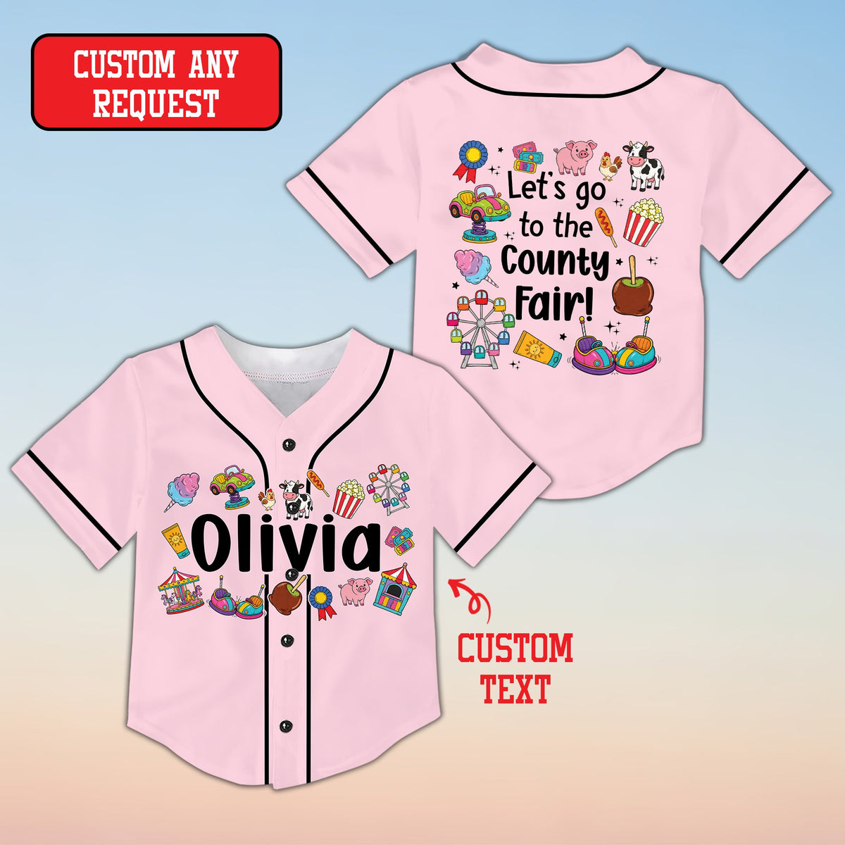 Front view of bright pink personalized baseball jersey with fairground rides graphic