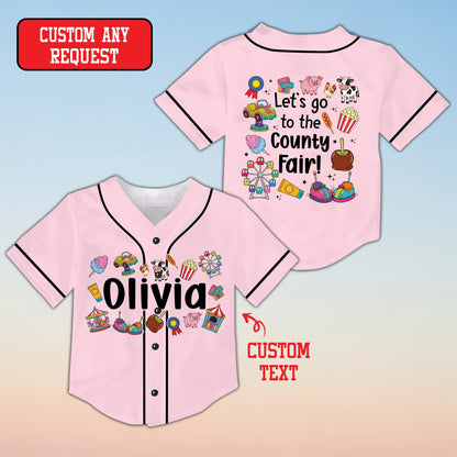 Front view of bright pink personalized baseball jersey with fairground rides graphic