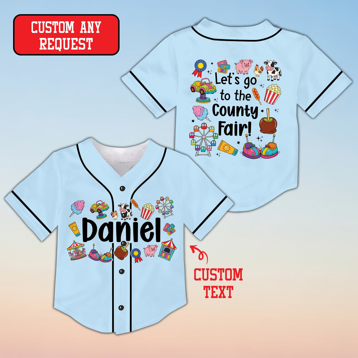 Front view of purple personalized baseball jersey featuring county fair snacks