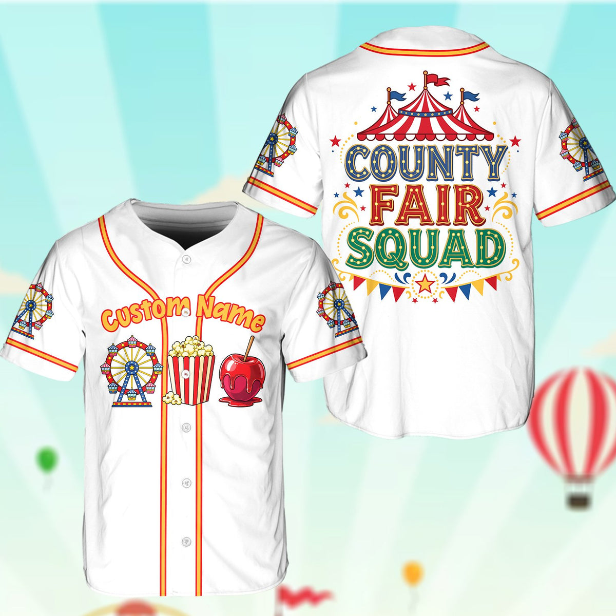 Close-up front view of the custom baseball jersey with fair-themed illustrations