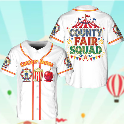 Close-up front view of the custom baseball jersey with fair-themed illustrations