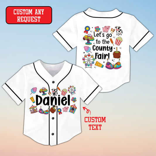 Personalized white county baseball jersey with custom name and fair theme, front view