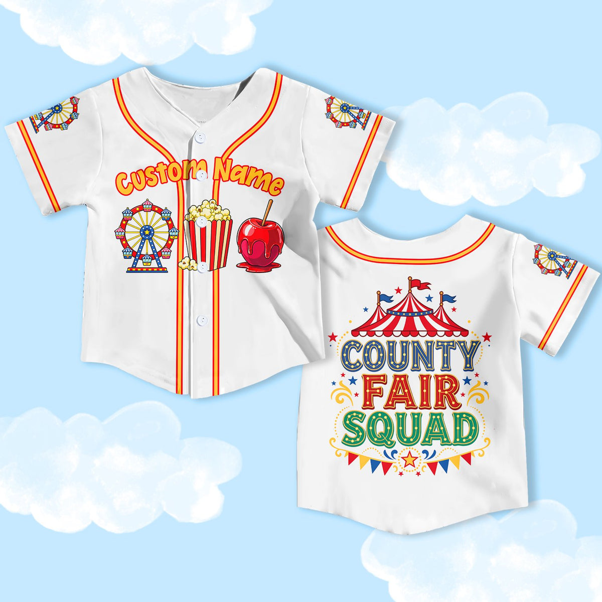 Another front view showing the candy apple detail on the summer baseball jersey