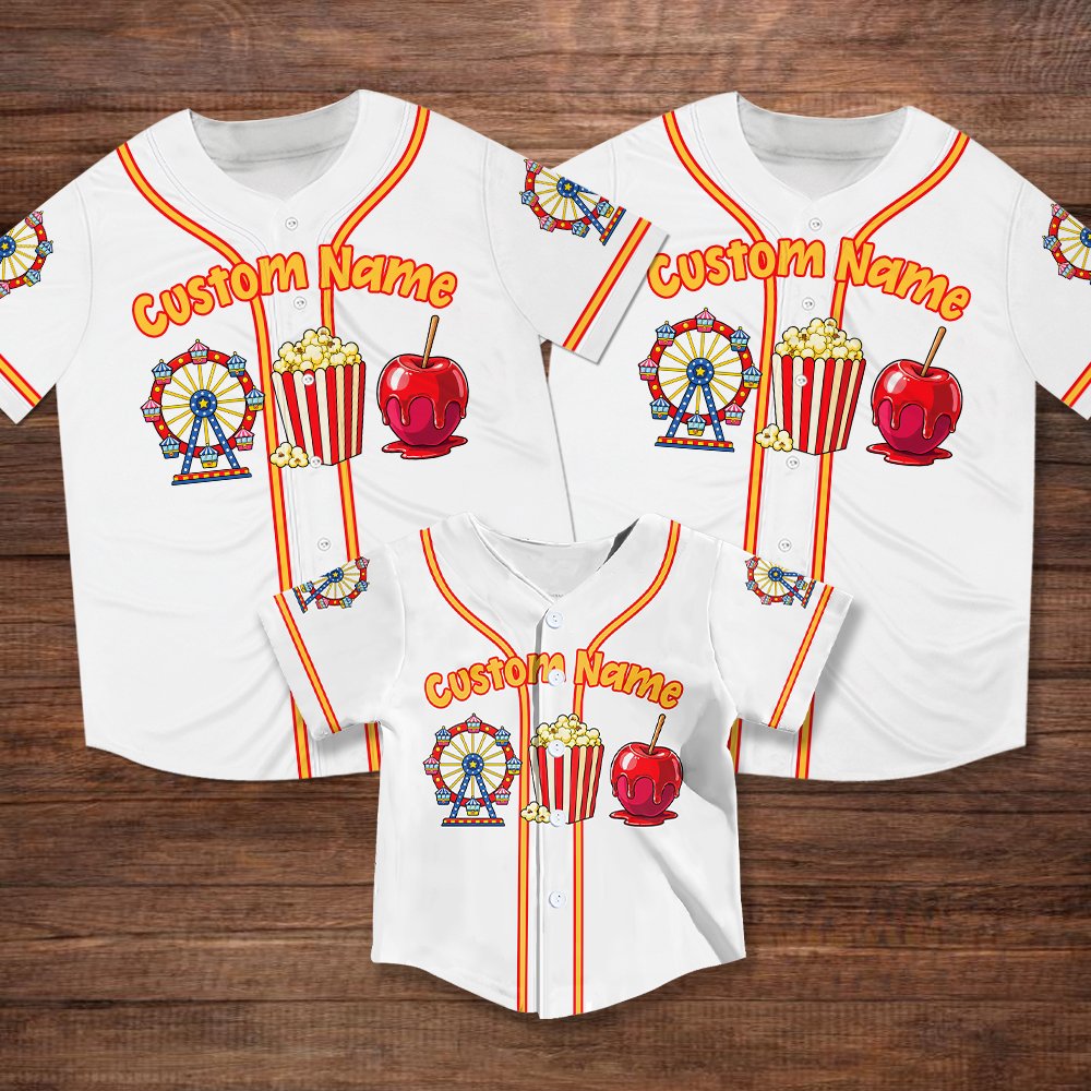 Front view of the white county fair baseball jersey featuring a Ferris wheel and popcorn design