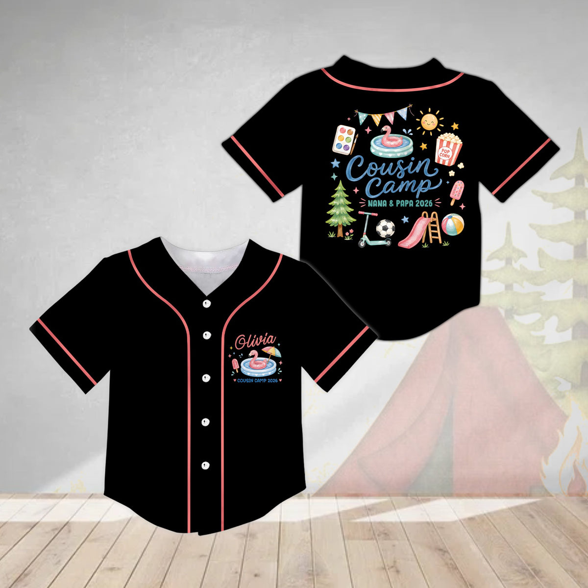 Personalized black cousin camp baseball jersey with custom name, front view