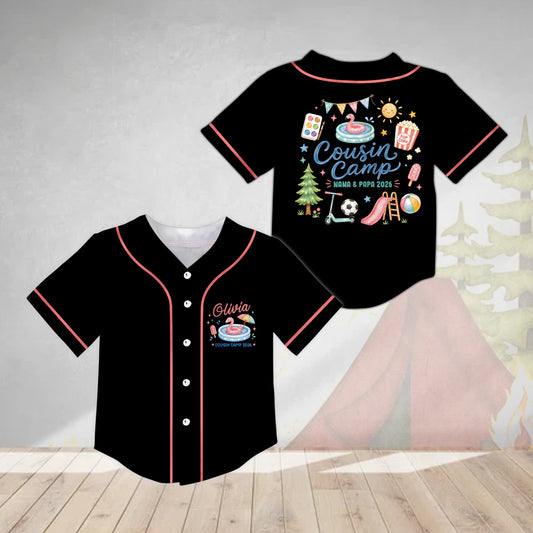 Personalized black cousin camp baseball jersey with custom name, front view