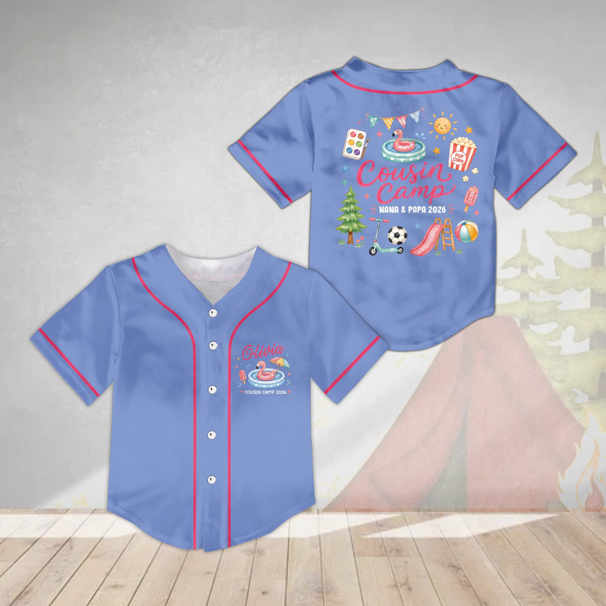 Personalized blue cousin camp baseball jersey with custom name, front view
