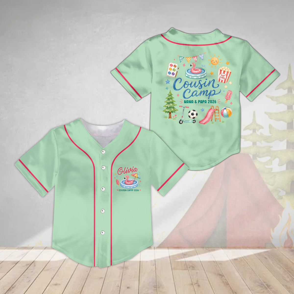 Personalized green cousin camp baseball jersey with custom name, front view