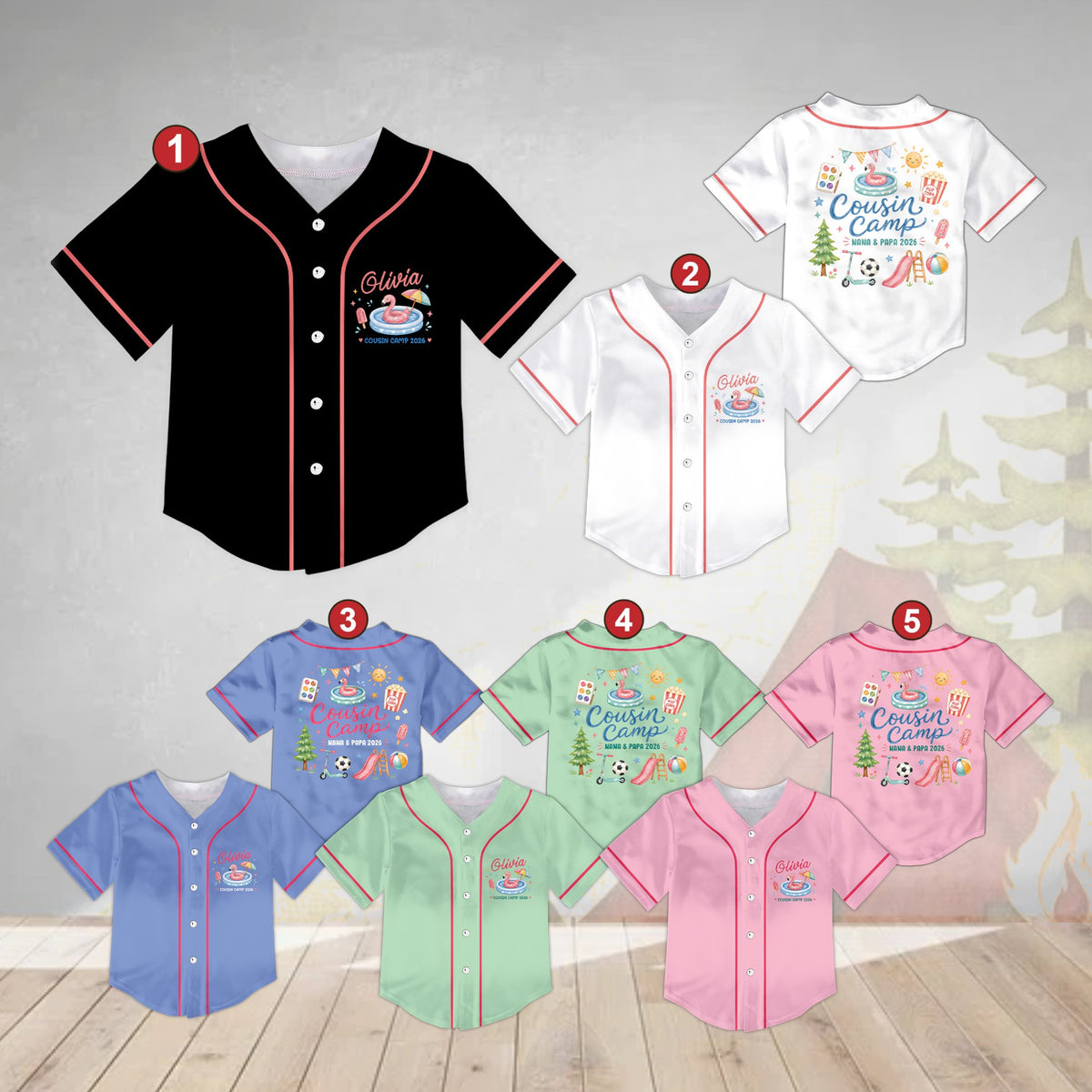 Multicolor view of personalized cousin camp baseball jerseys